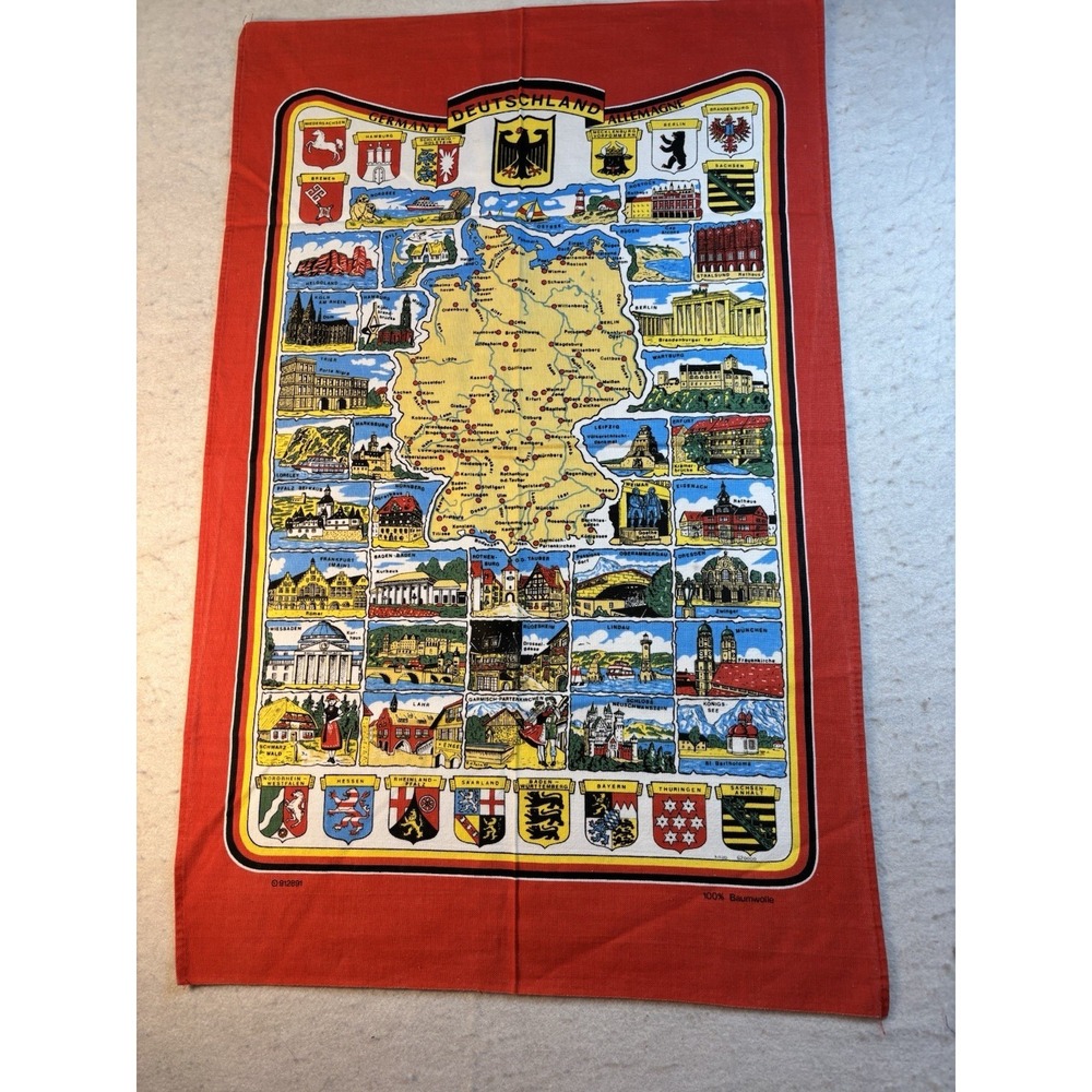 Vintage Map of‎ Germany Souvenir Tea Towel Crests/Leaf Border Linen 28x18 NWOT